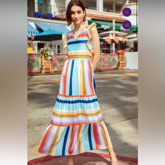V-NECK TIERED MAXI DRESS - MULTI STRIPE - Picture 1 of 4